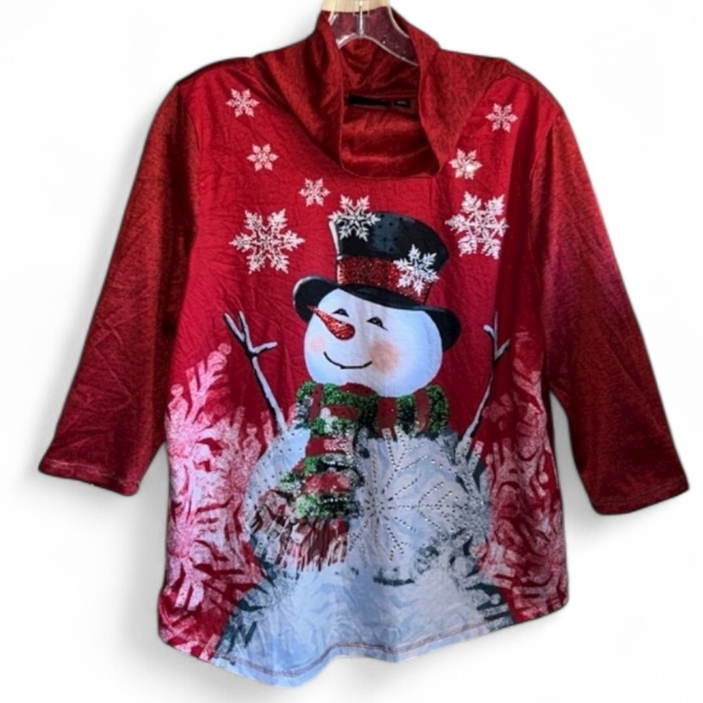 Onque Casual Red Snowflake Sparkle Holiday Shirt 3/4 Sleeves Cowl Neck PXL